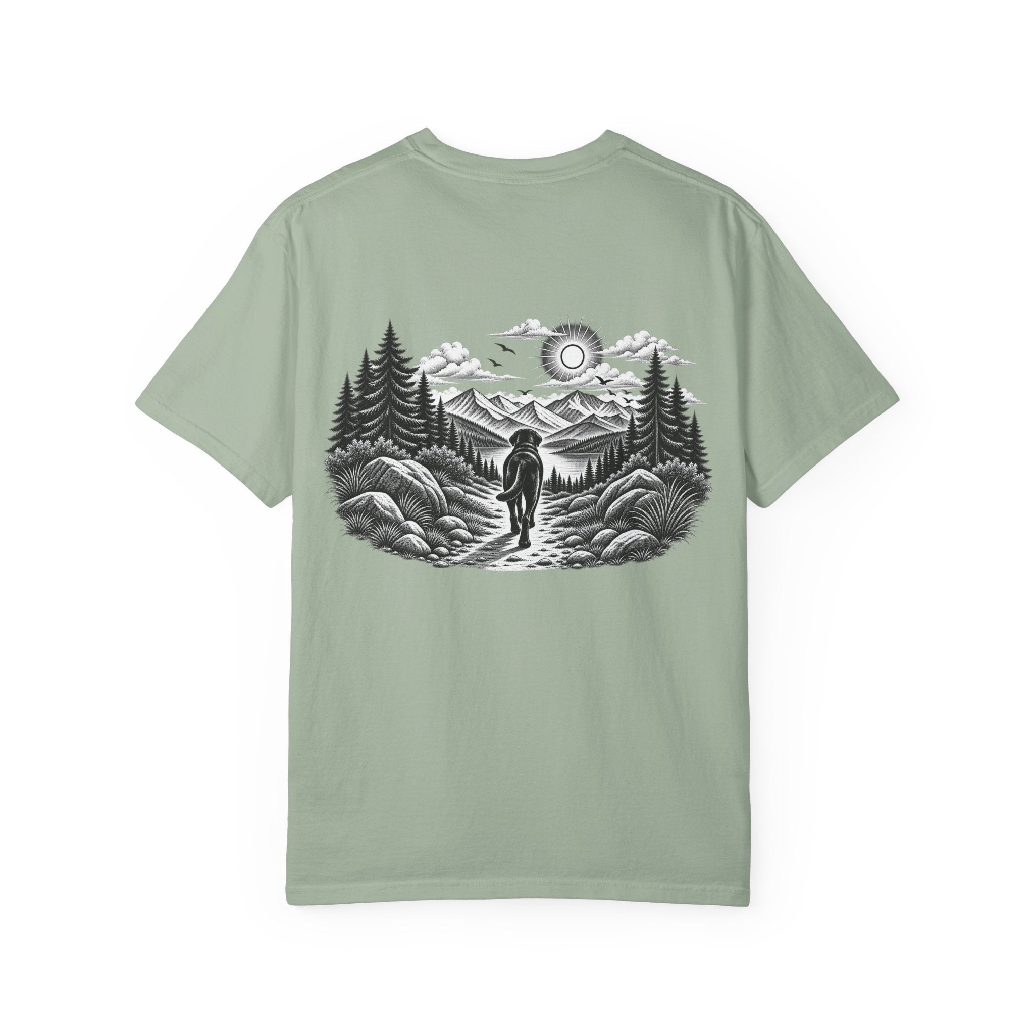 MiSQue The Path Labrador T-shirt with dog walking along a mountain trail