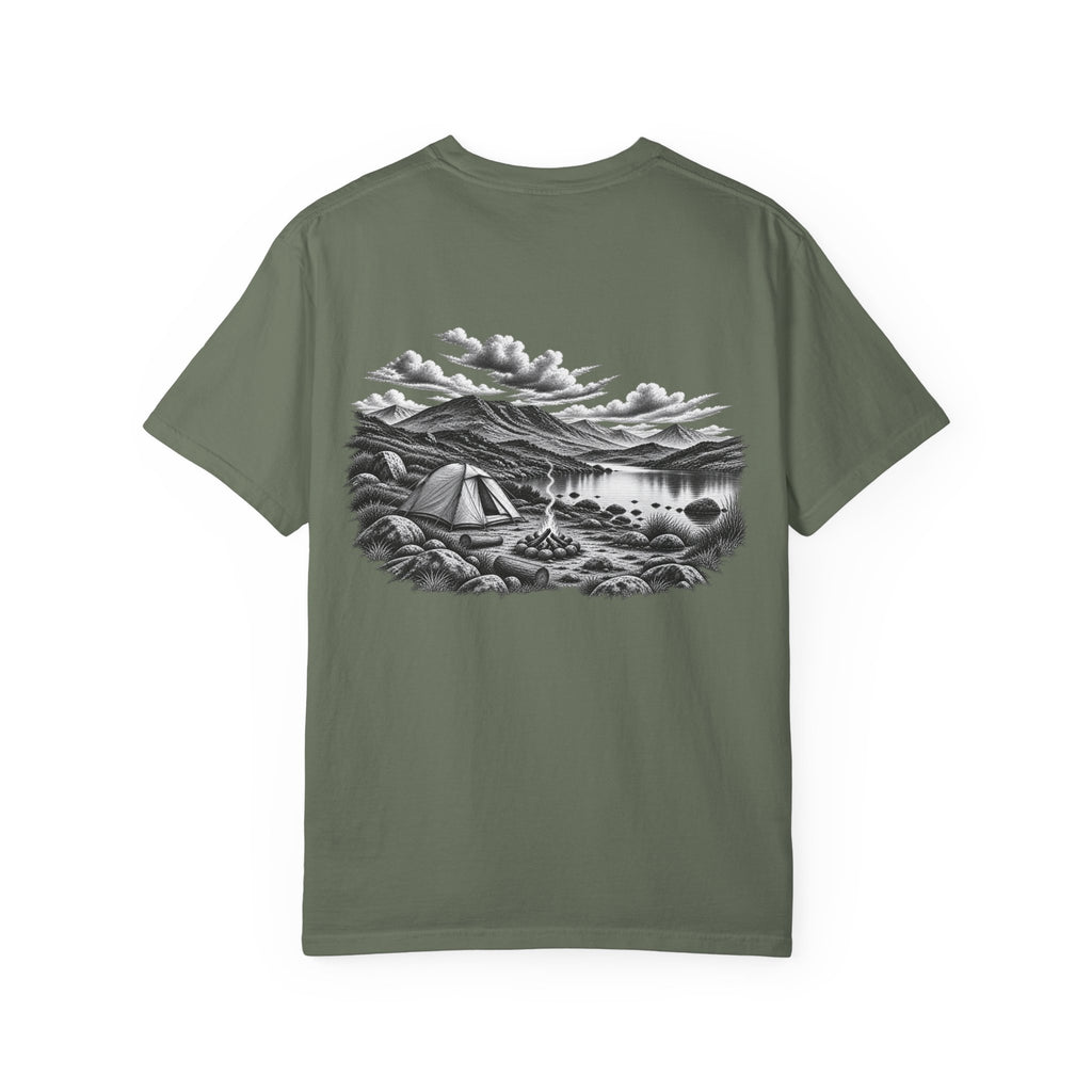 MiSQue The Camp T-shirt with lakeside camping artwork