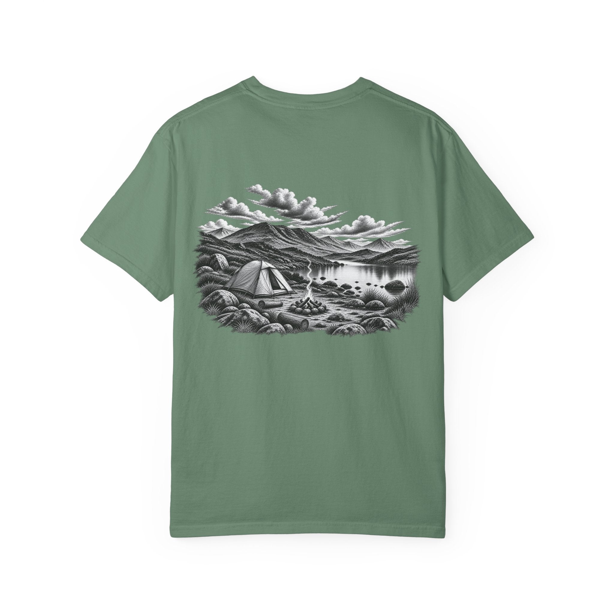 MiSQue The Camp T-shirt with lakeside camping artwork
