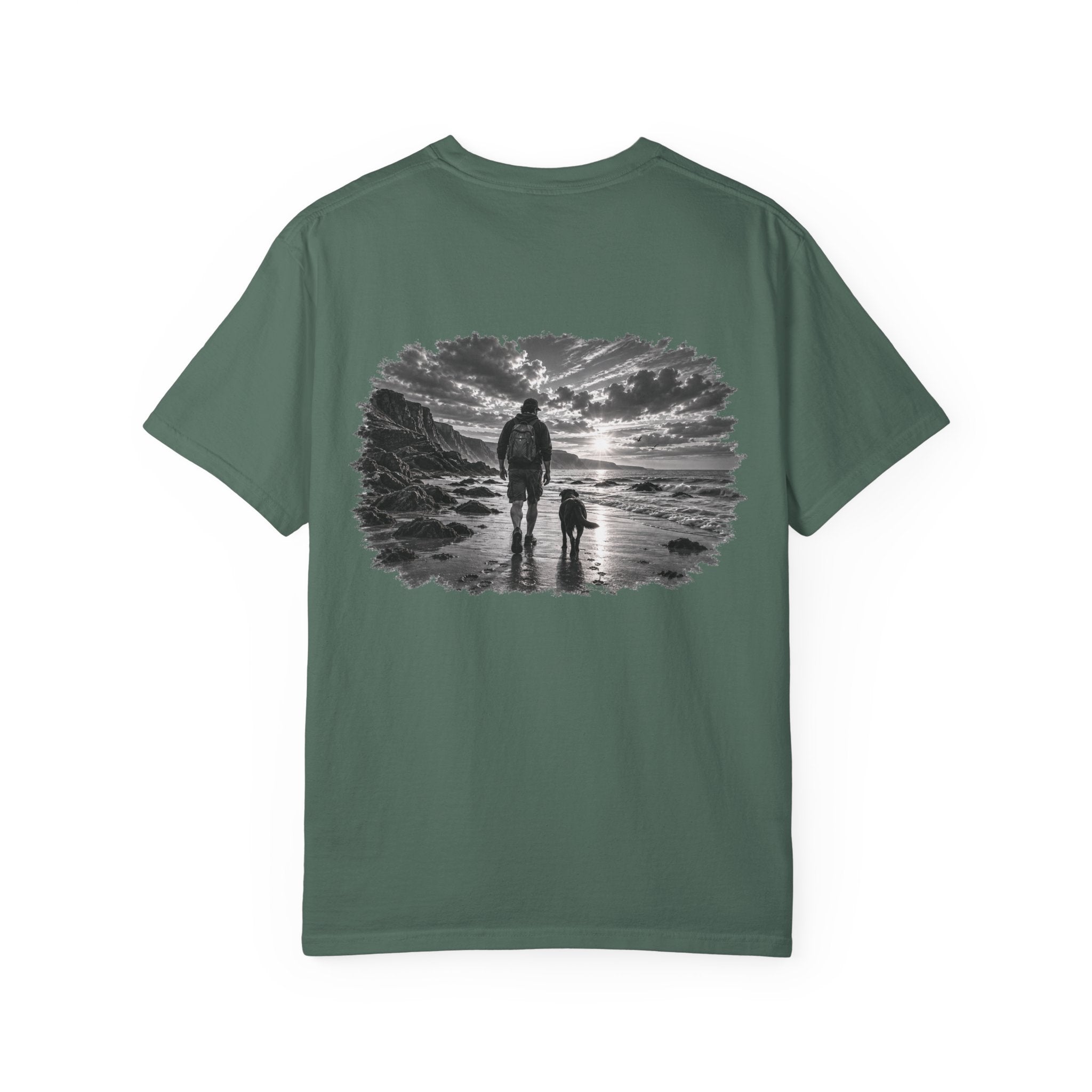 MiSQue Coastal Walk Labrador T-shirt with man and dog coastal artwork