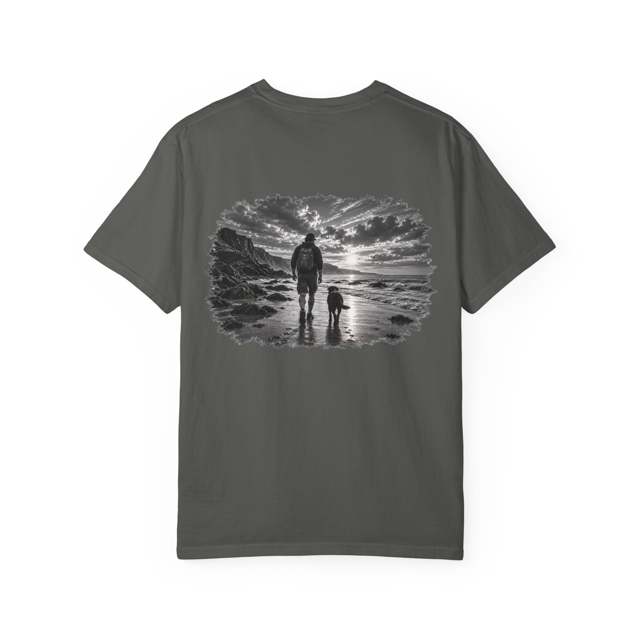 MiSQue Coastal Walk Labrador T-shirt with man and dog coastal artwork