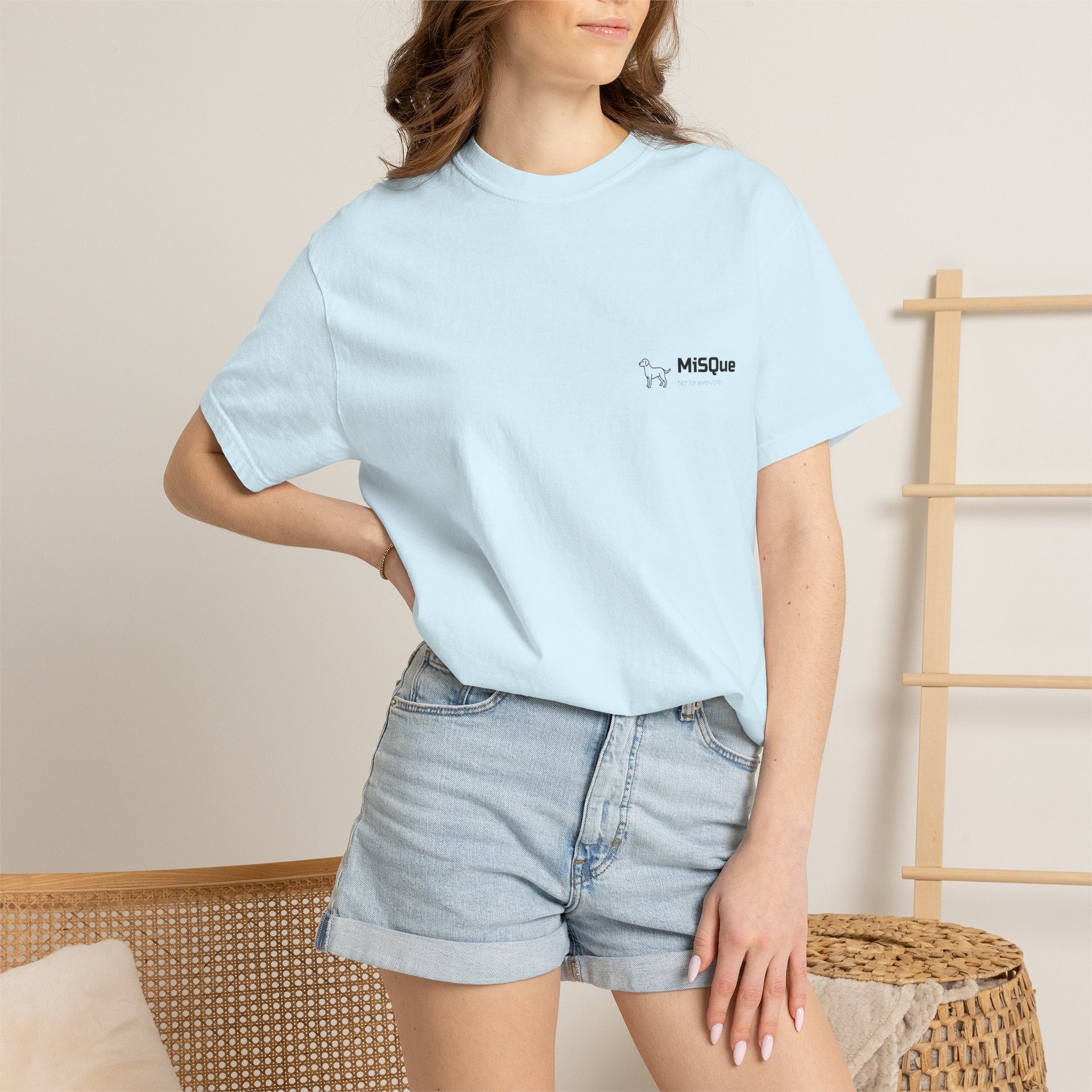 Woman wearing MiSQue The Wanderer T-shirt in light blue