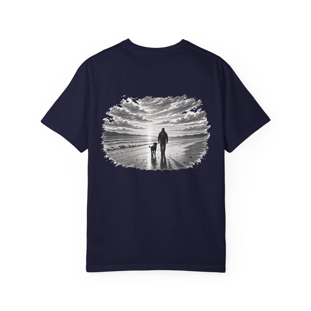 MiSQue Open Horizon Labrador T-shirt with man and dog coastal artwork