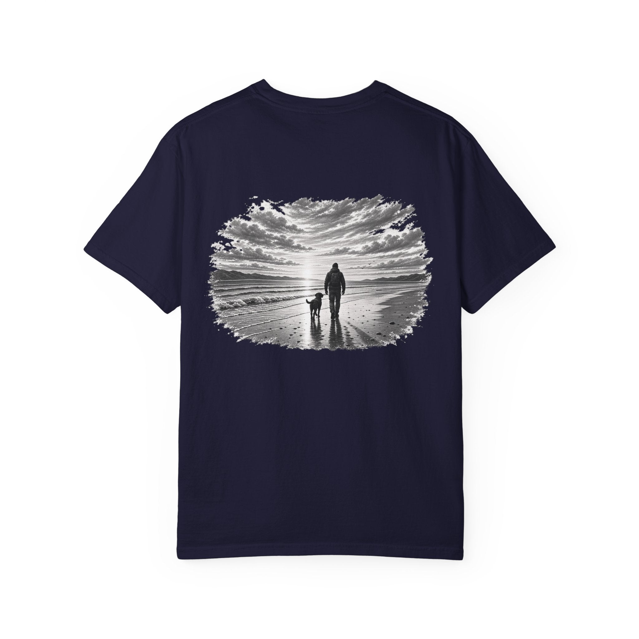 MiSQue Open Horizon Labrador T-shirt with man and dog coastal artwork