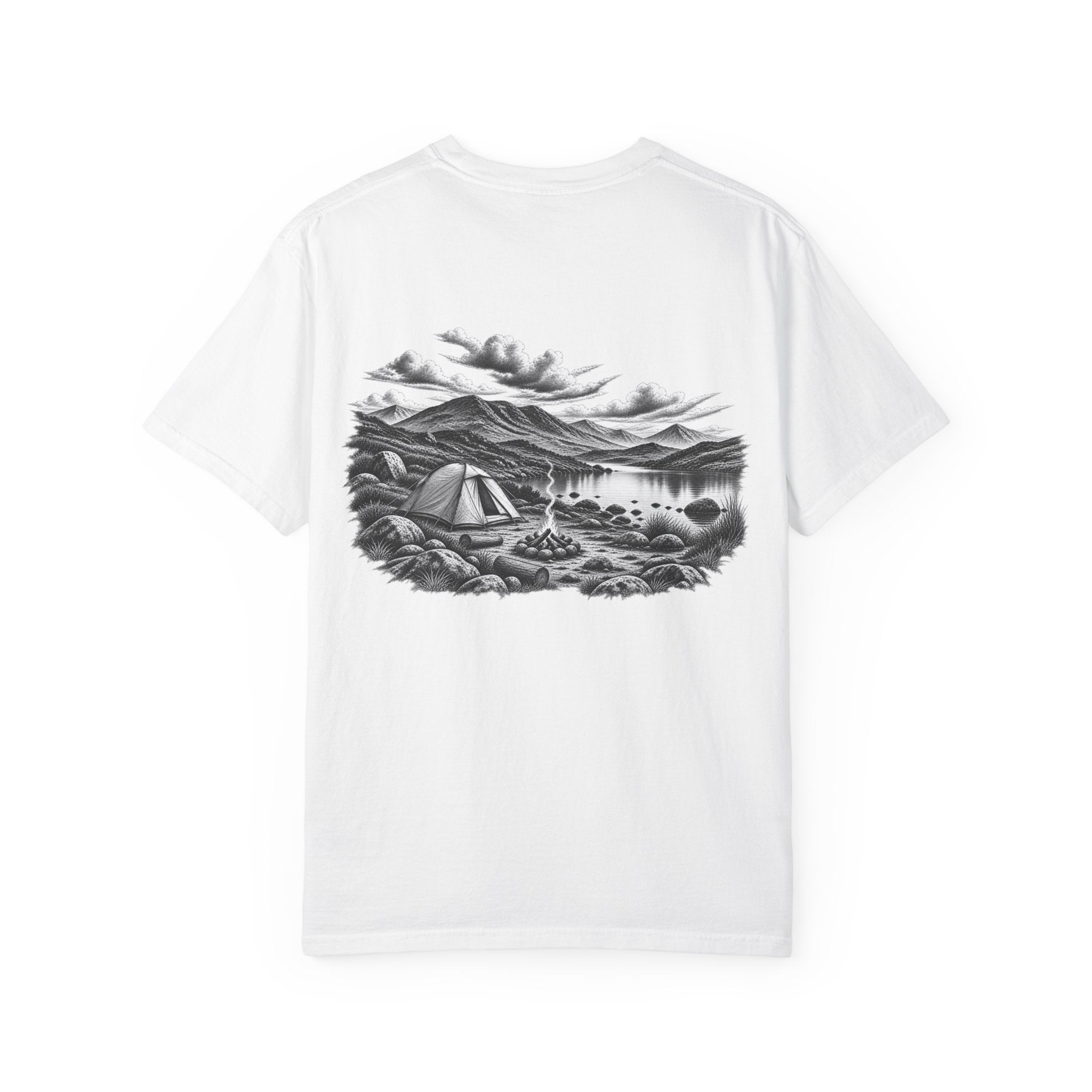 MiSQue The Camp T-shirt with lakeside camping artwork