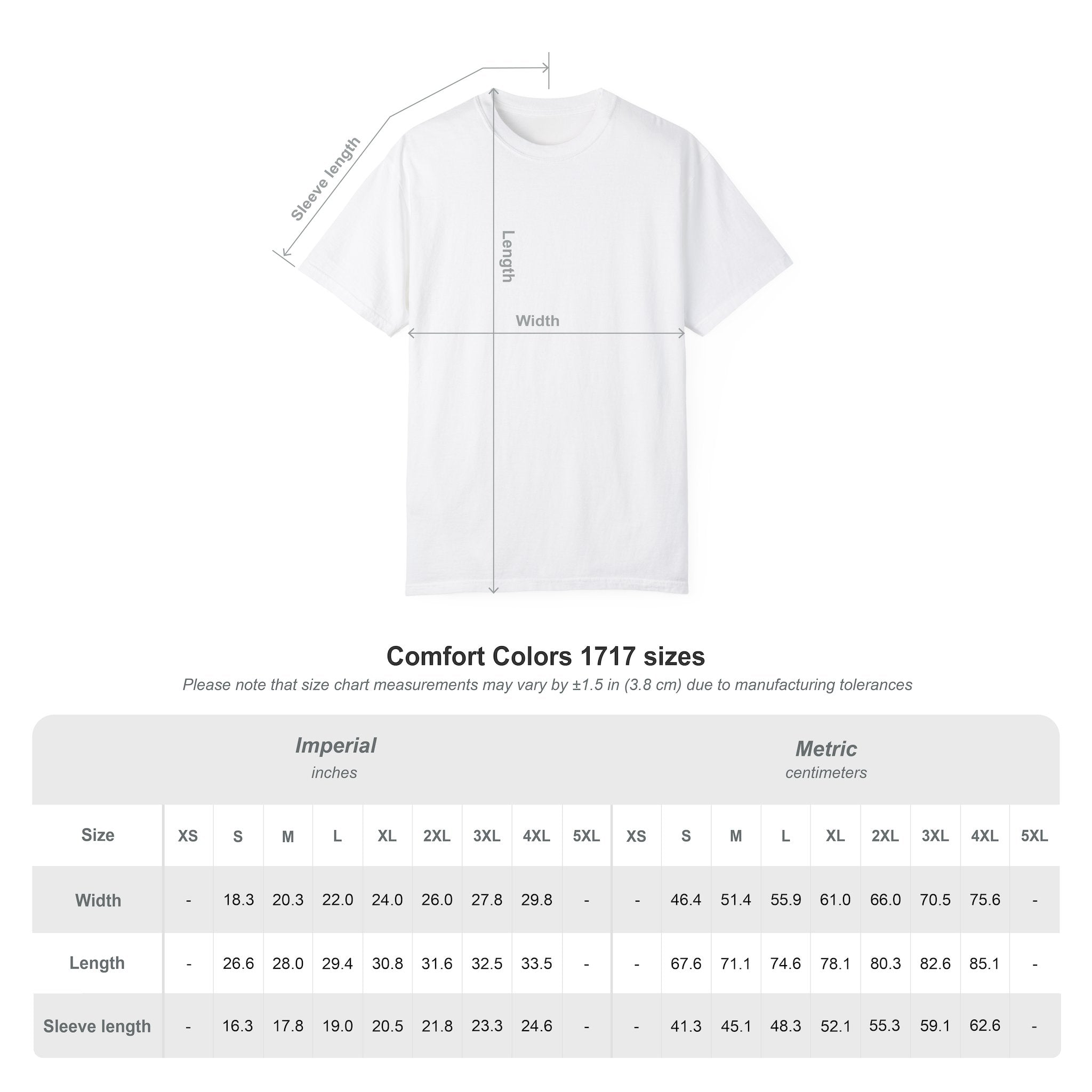 Comfort Colors 1717 T-shirt size guide