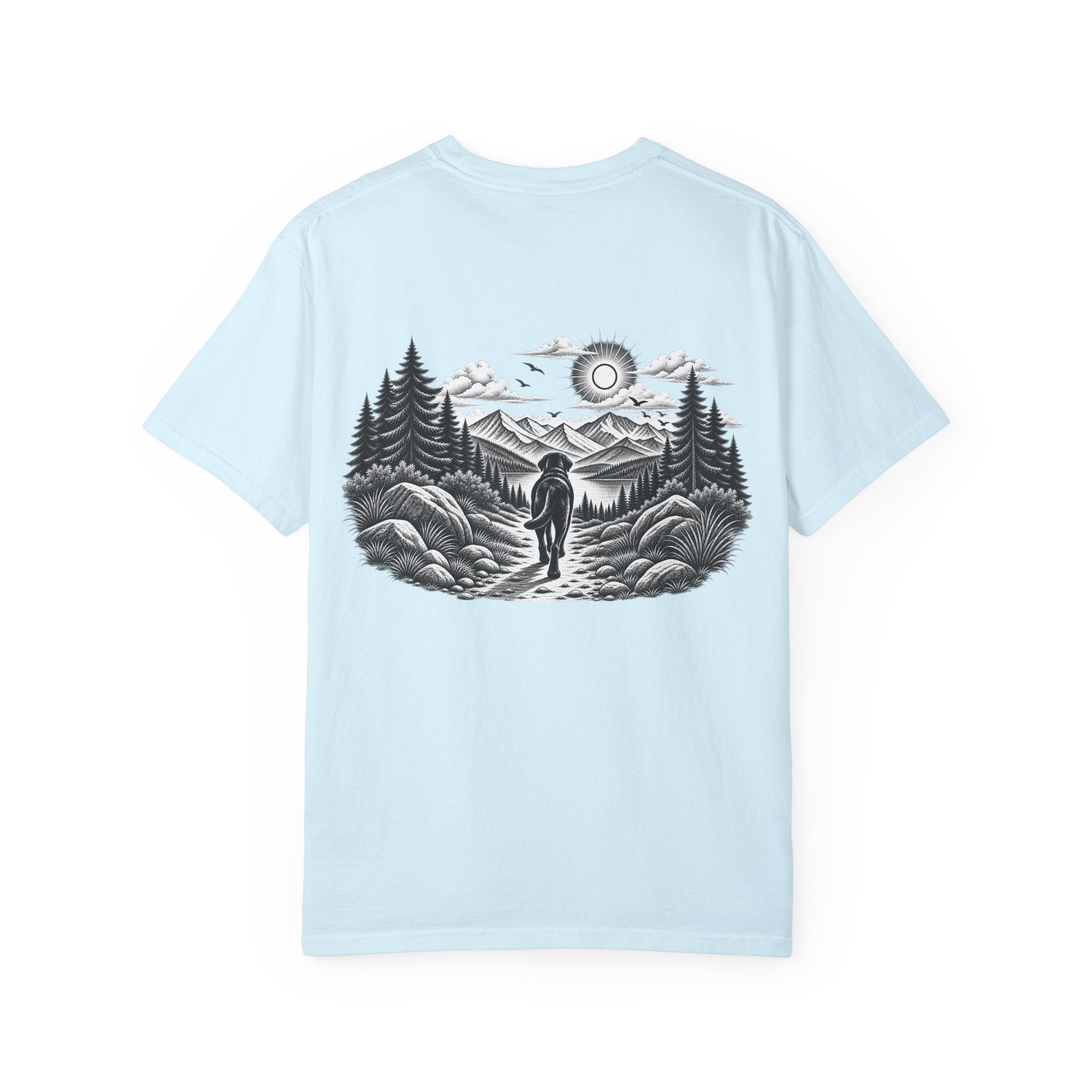 MiSQue The Path Labrador T-shirt with dog walking along a mountain trail