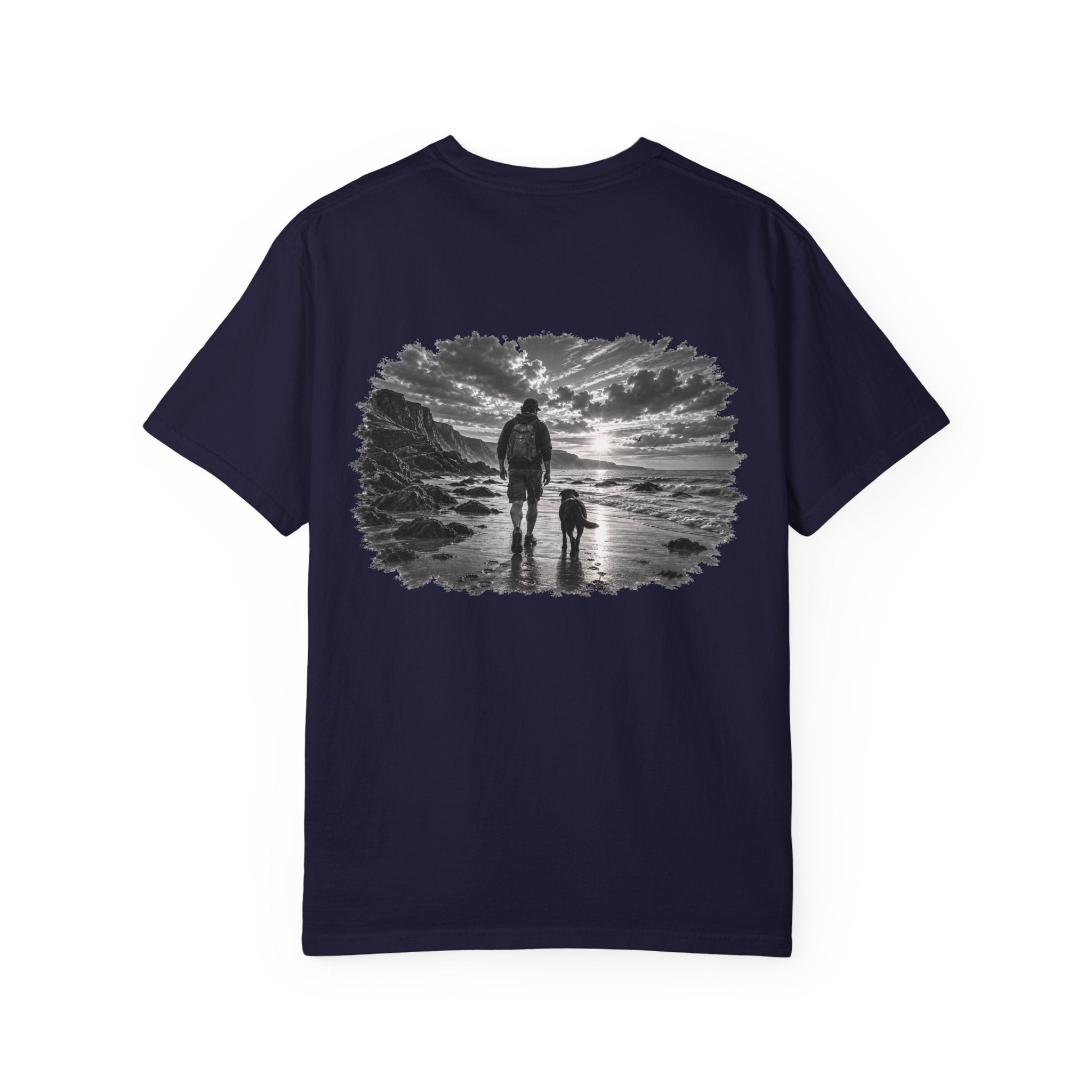 MiSQue Coastal Walk Labrador T-shirt with man and dog coastal artwork